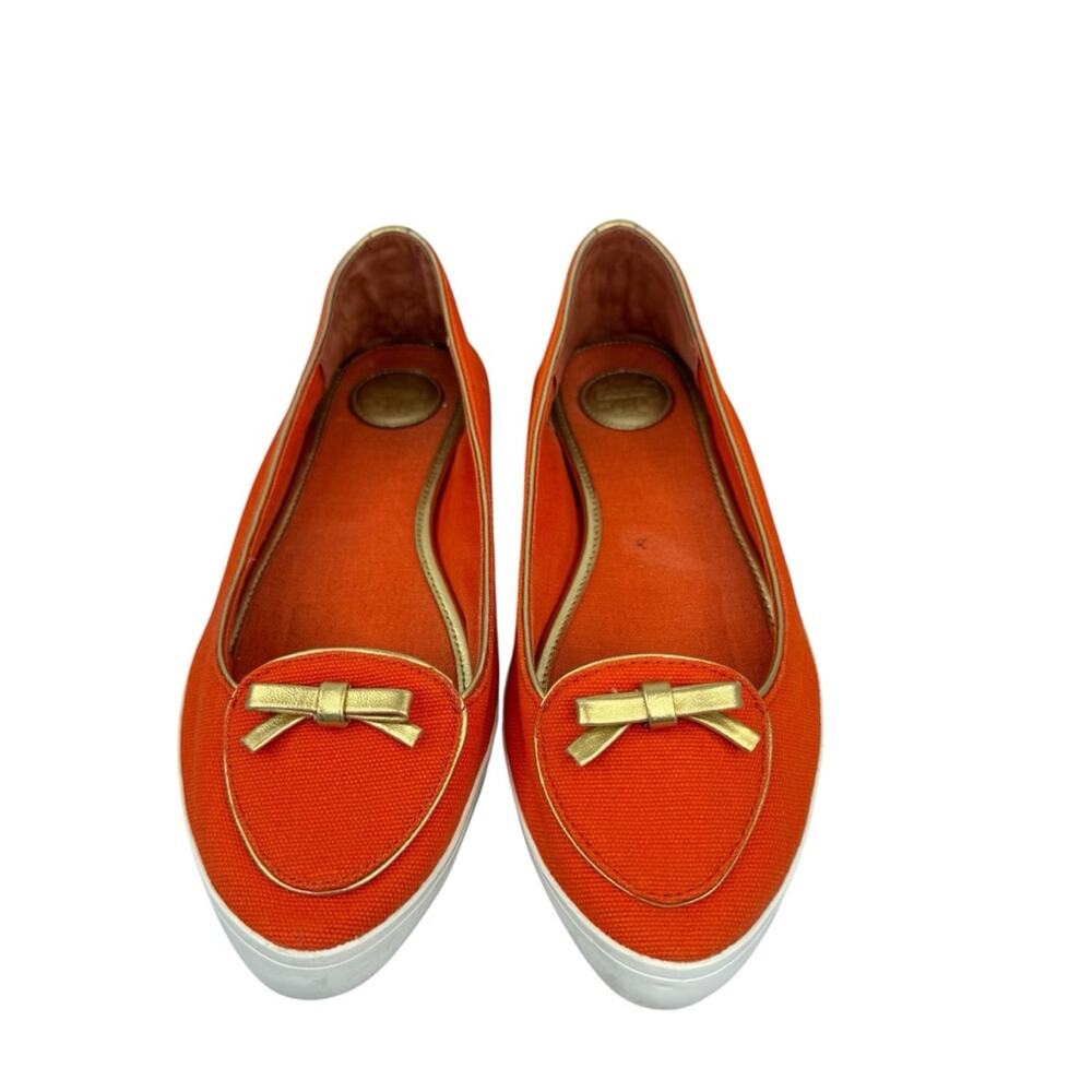 TORY BURCH Dakota Orange Flats Sneaker Canvas Leather Bow Logo Gold Accents 8M